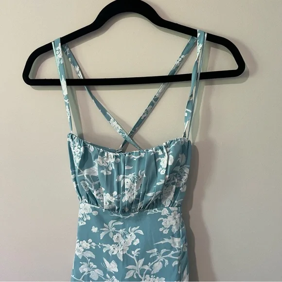 ABERCROMBIE BLUE FLORAL MILKMAID LACE BACK MIDI DRESS - Picture 5 of 13